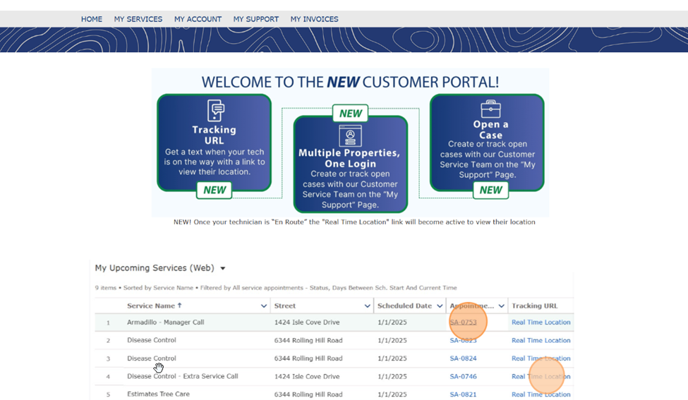 Customer Portal dashboard showing upcoming service appointments