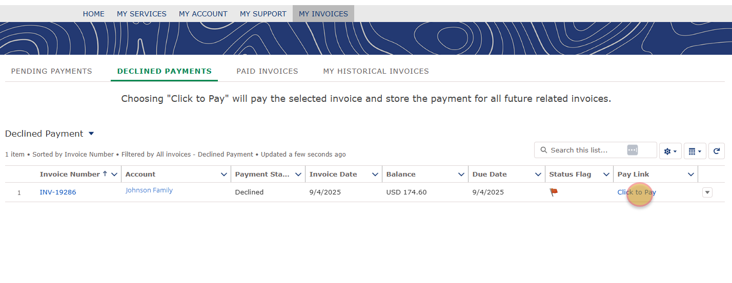 Customer Portal invoice payment screen showing "Click to Pay"