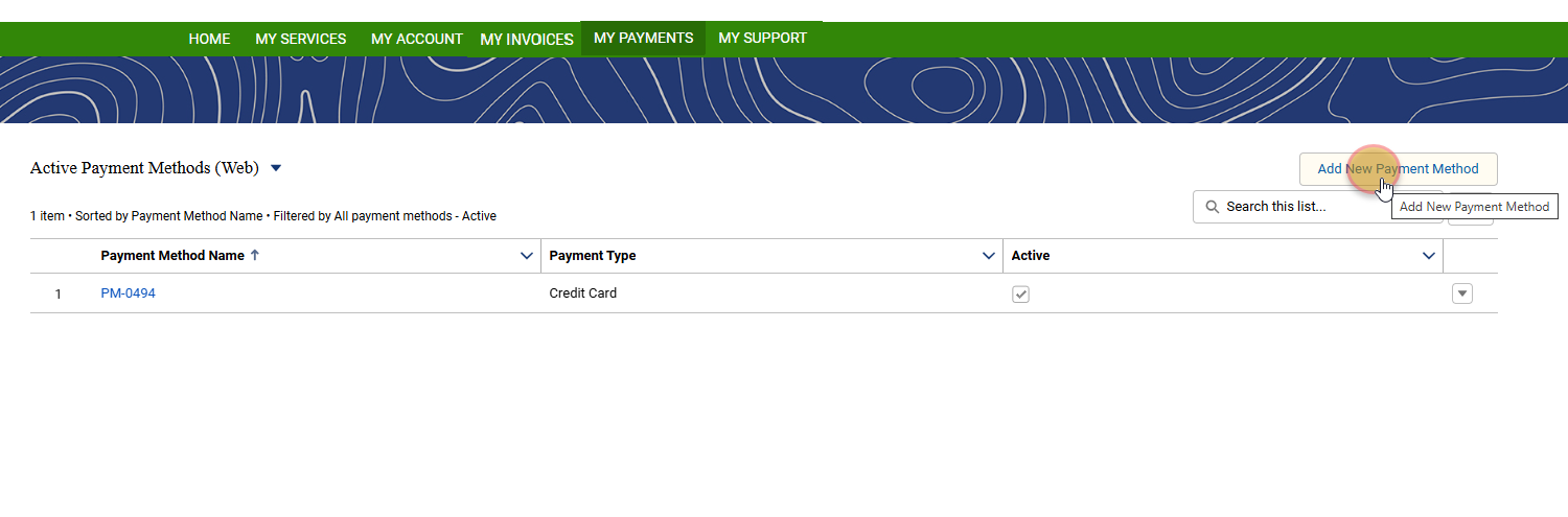 Customer Portal My Payments screen showing "Add New Payment Method"